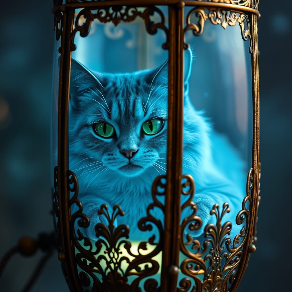 Ethereal Blue Feline Spirit in Lantern