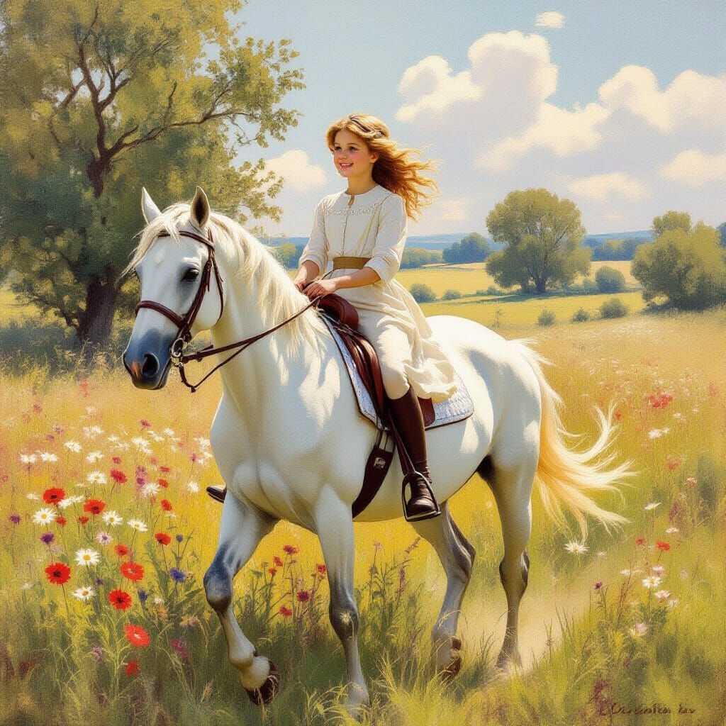 Girl on White Horse in Sunny Meadow, Impressionistic Style