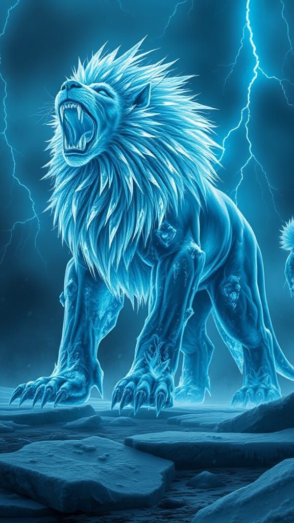 Majestic Ice Lion Hybrid in Frozen Landscape