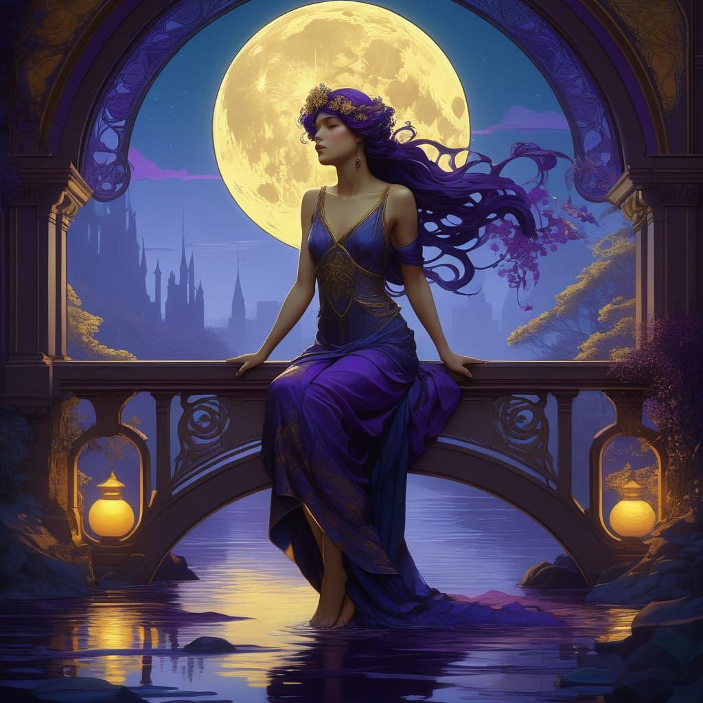 Ethereal Indigo Bridge Under Nighttime Moonlight