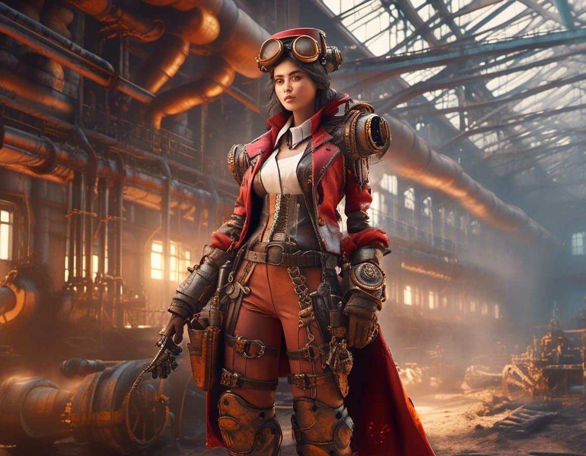Steampunk Adventurer in Factory with Steam Pipes