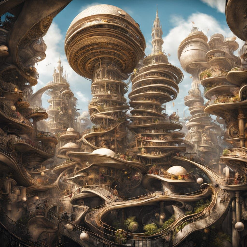 Surreal Steampunk Metropolis in Non-Euclidean Geometry
