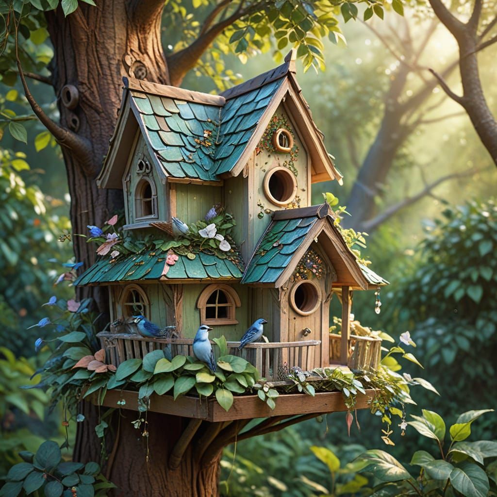 Whimsical Two-Story Birdhouse in Earthy Watercolor Style