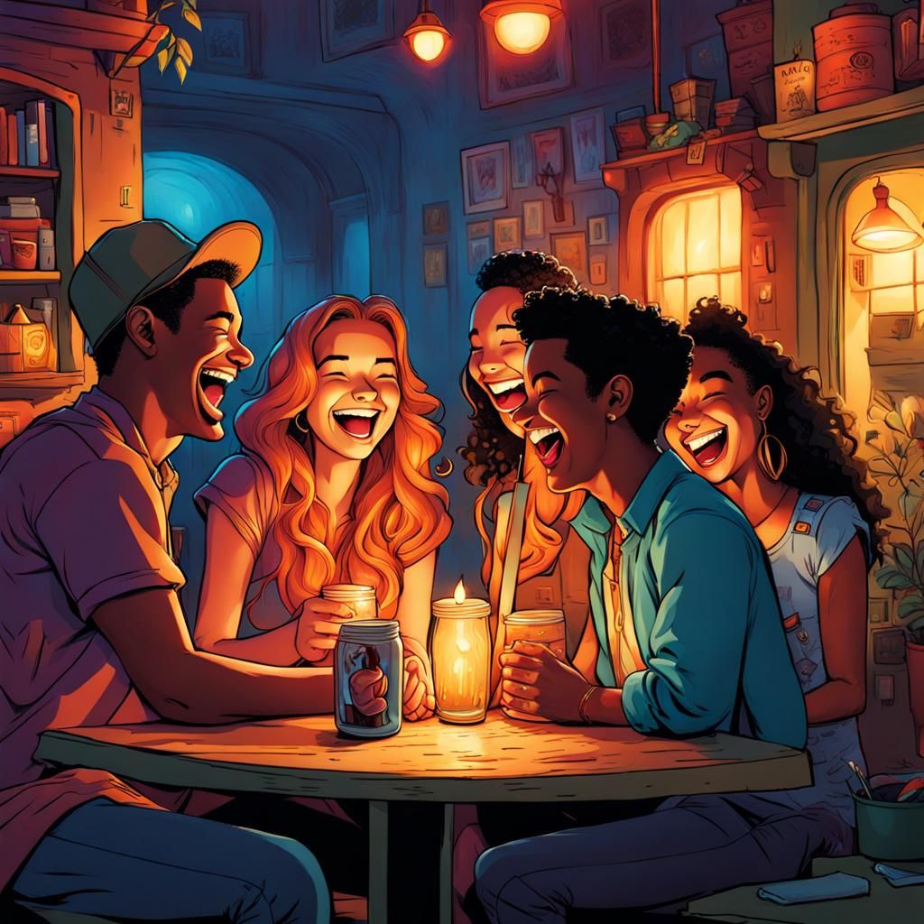 Friends Laughing Joyously in Comic Book Style