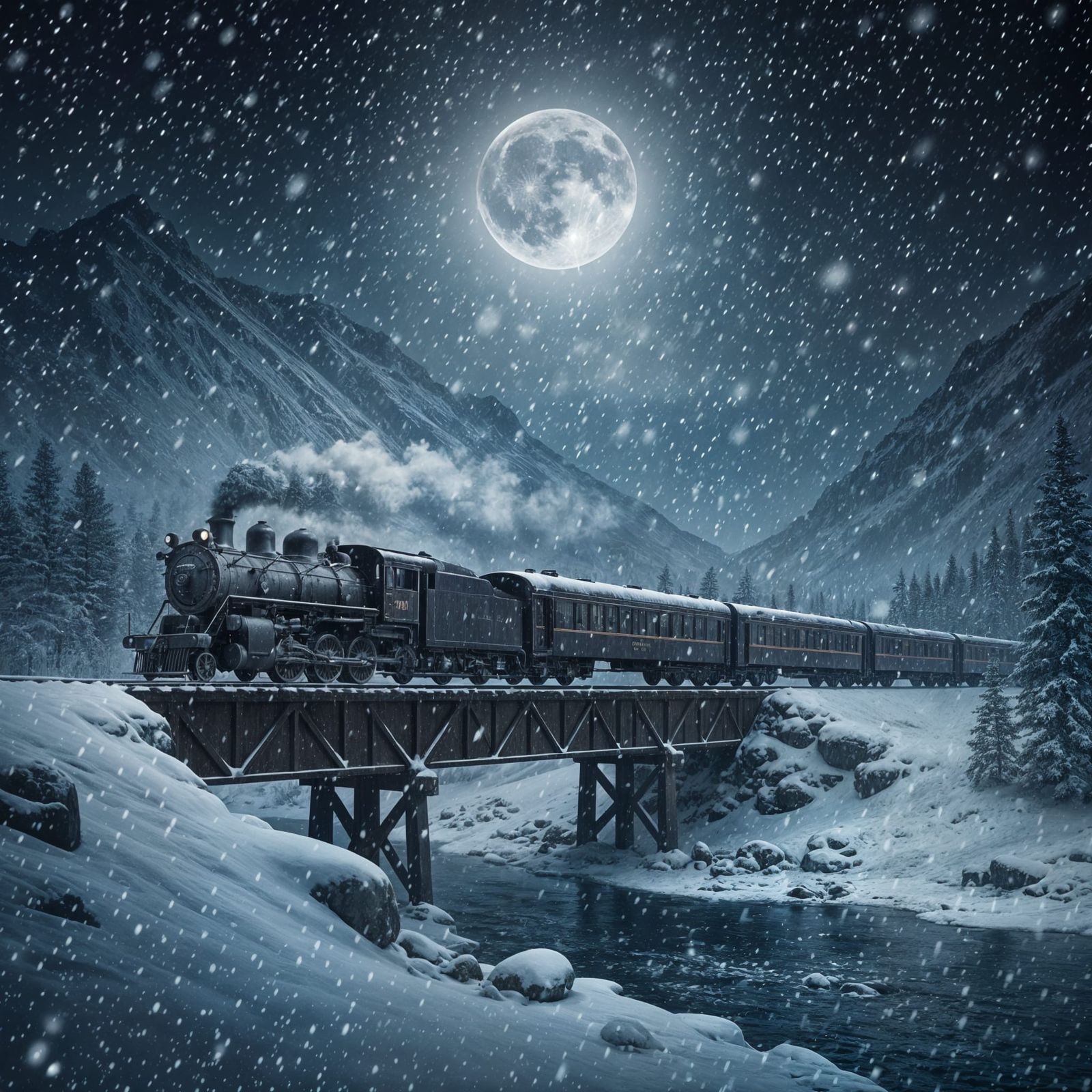Mysterious Midnight Train in Snowy Winter Mountains