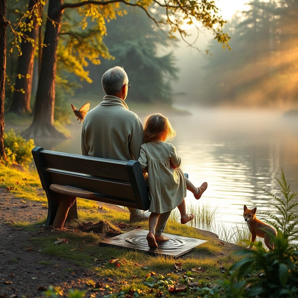 Father and Daughter by Serene Lake in Whimsical Forest