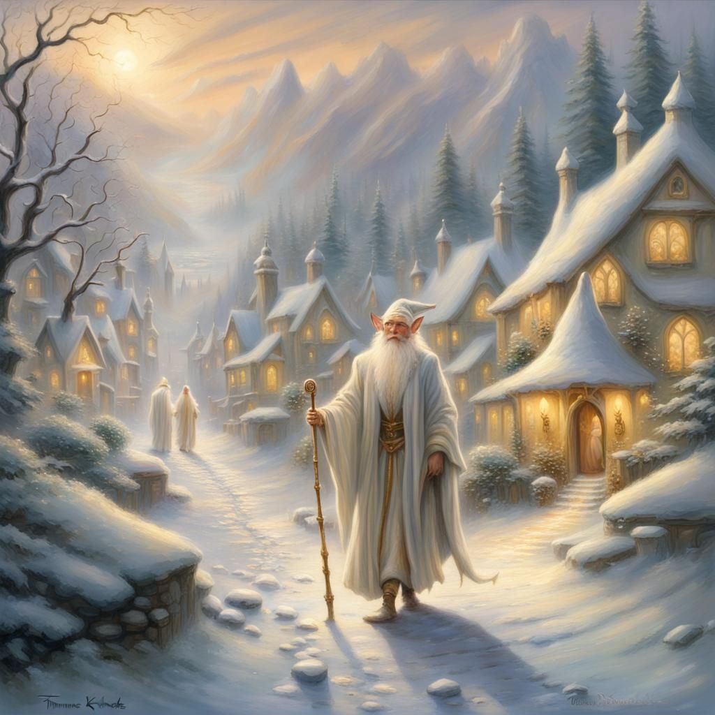 Albino Elf in Snowy Village, Ethereal Fantasy Style