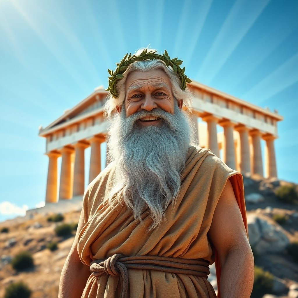 Ancient Greek Sage Smiles Before Temple in Sunlit Greek Land...