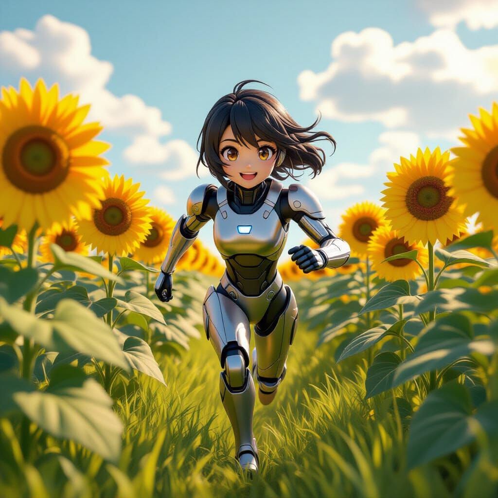 Joyful Robot Runs Through Vibrant Sunflower Field in 3D Anim...