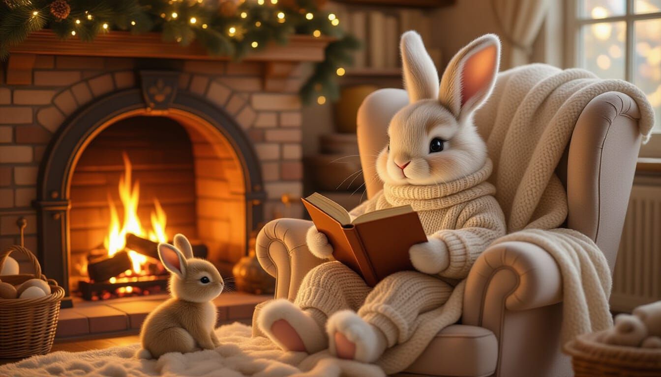 Anthropomorphic Bunny Reading to Baby Animals, Pastel Illust...