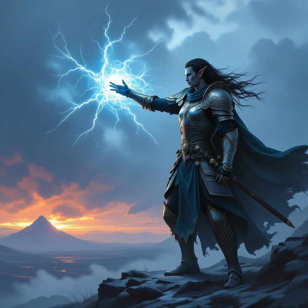 High Elf Warrior on Mountain Peak in Dark Fantasy Concept Ar...