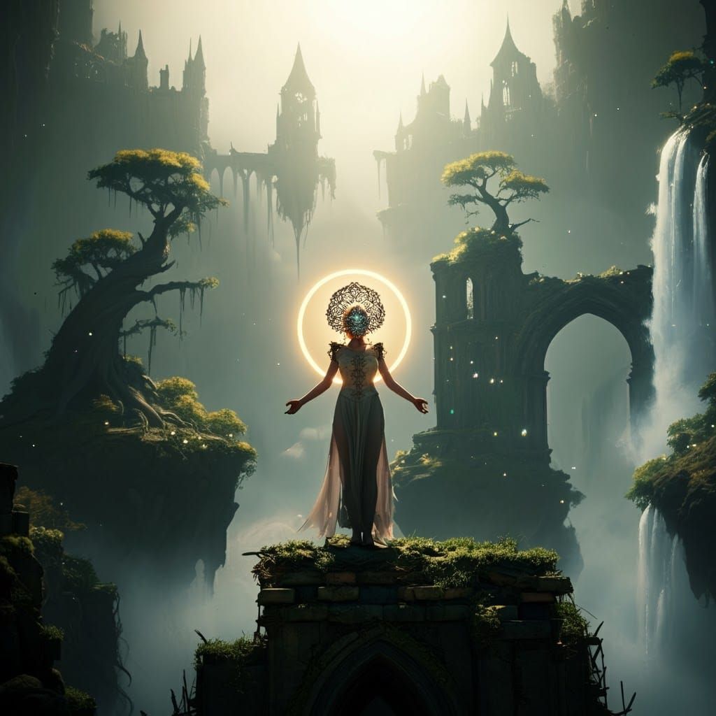 Mystical Sorceress in Dreamlike Fantasy Landscape