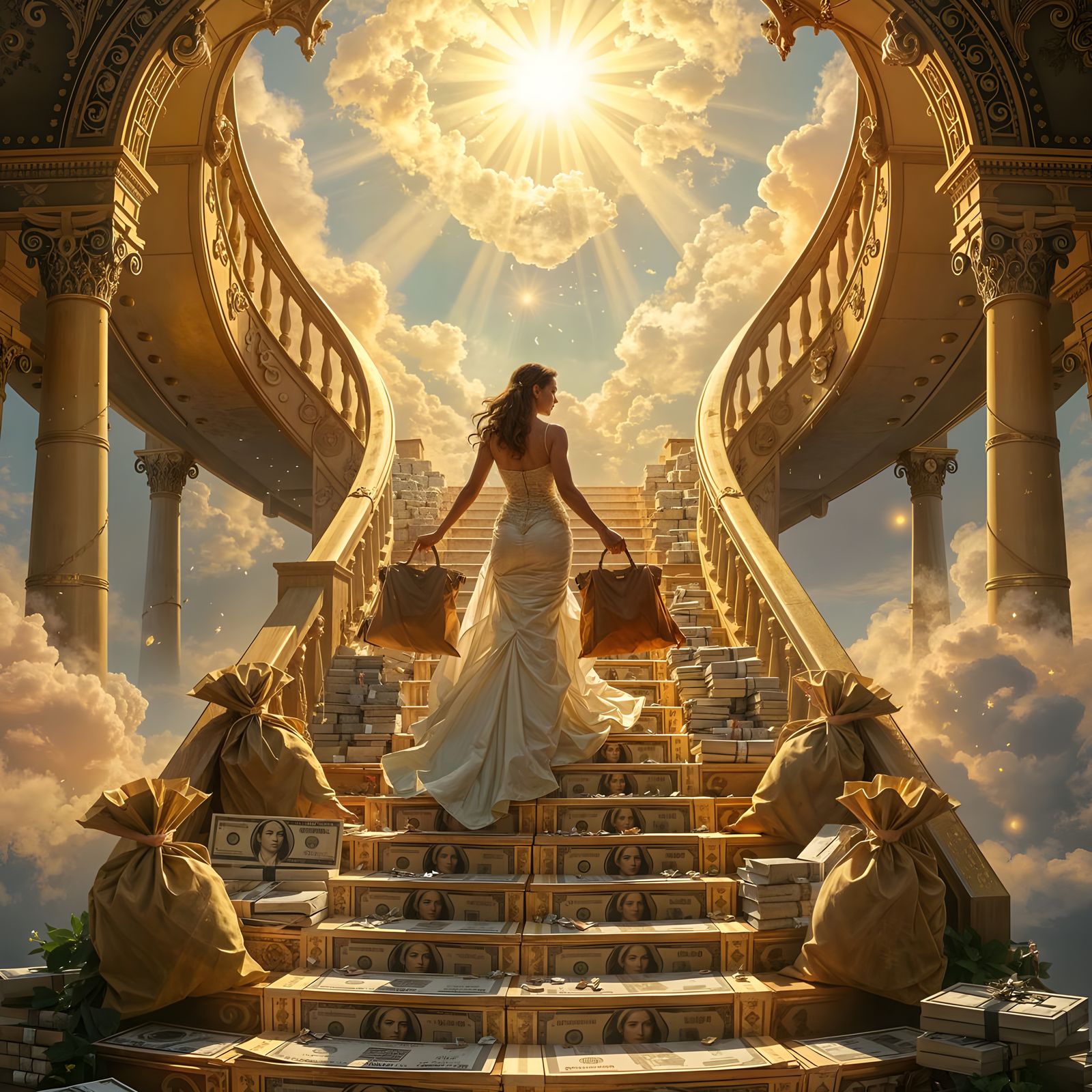 Woman Climbs Stairway to Heaven Made of Money and Gold