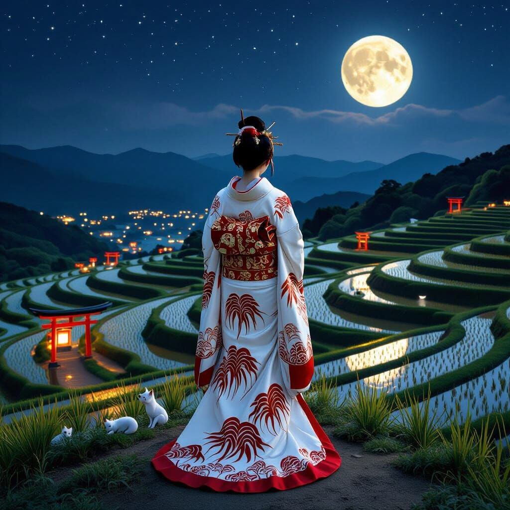 Inari Okami Overseeing Moonlit Rice Fields
