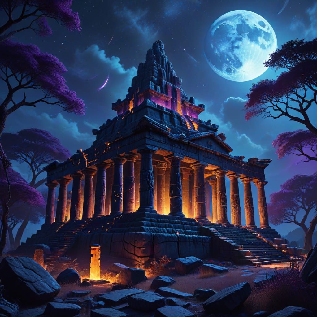 Ancient Ruined Temple in Moonlight, Fantasy Concept Art