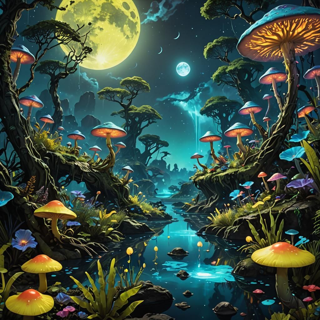 Mystical Na'vi Landscape with Bioluminescent Flora