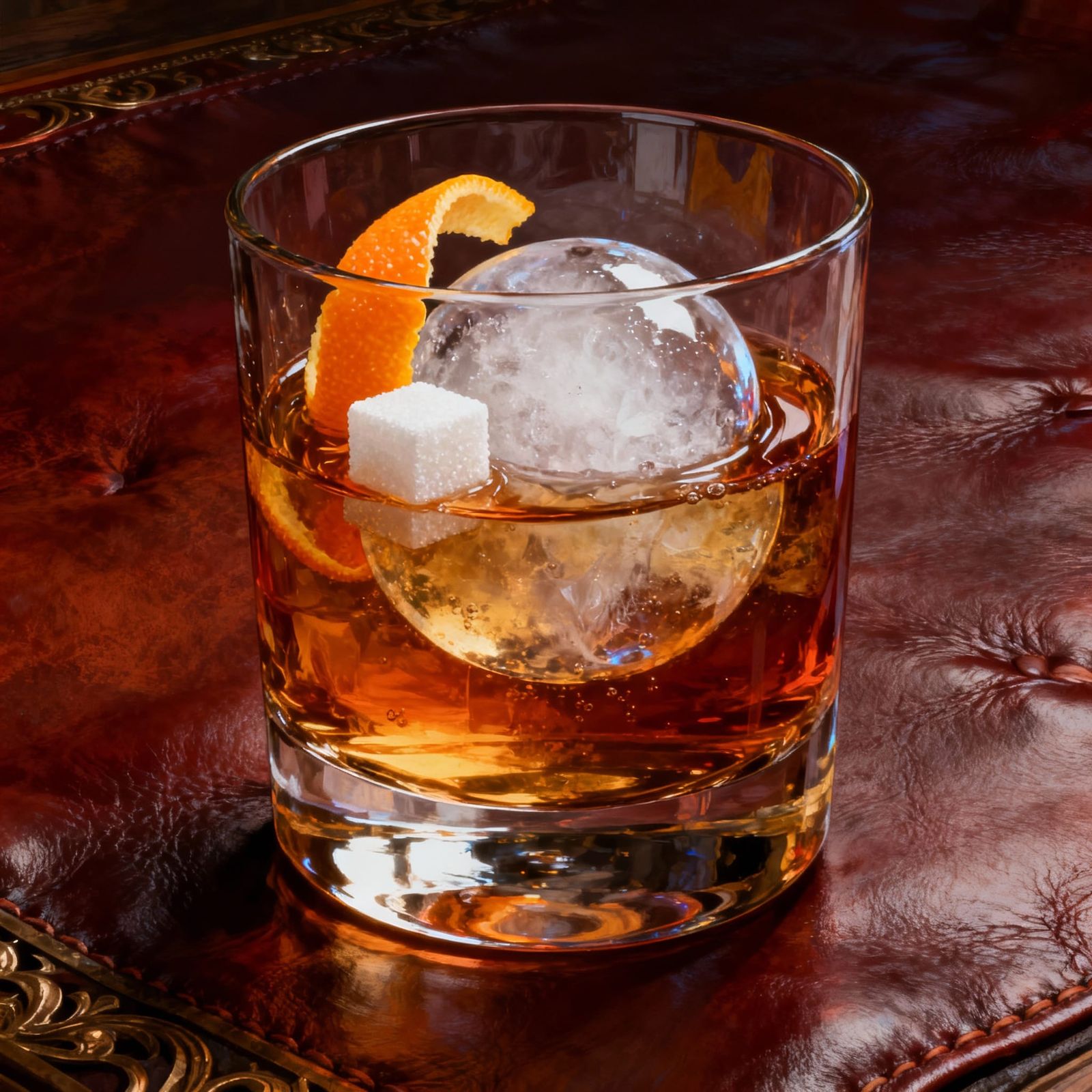 Whiskey Glass with Orange Twist on Leather Background