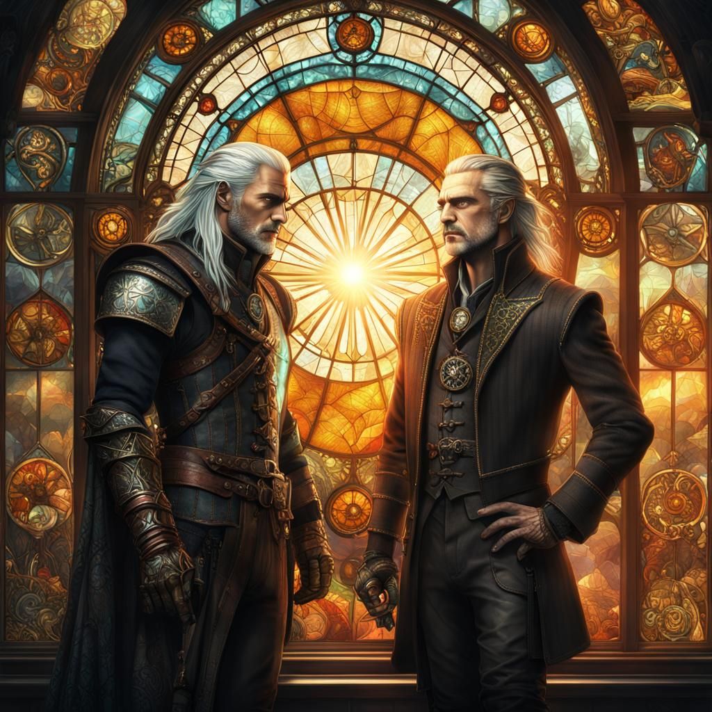 Steampunk Witcher in Front of Stained-Glass Window