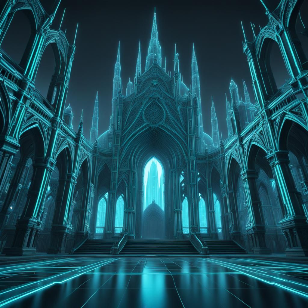 Cyan Wireframe Tron-Style Gothic Architecture Cityscape