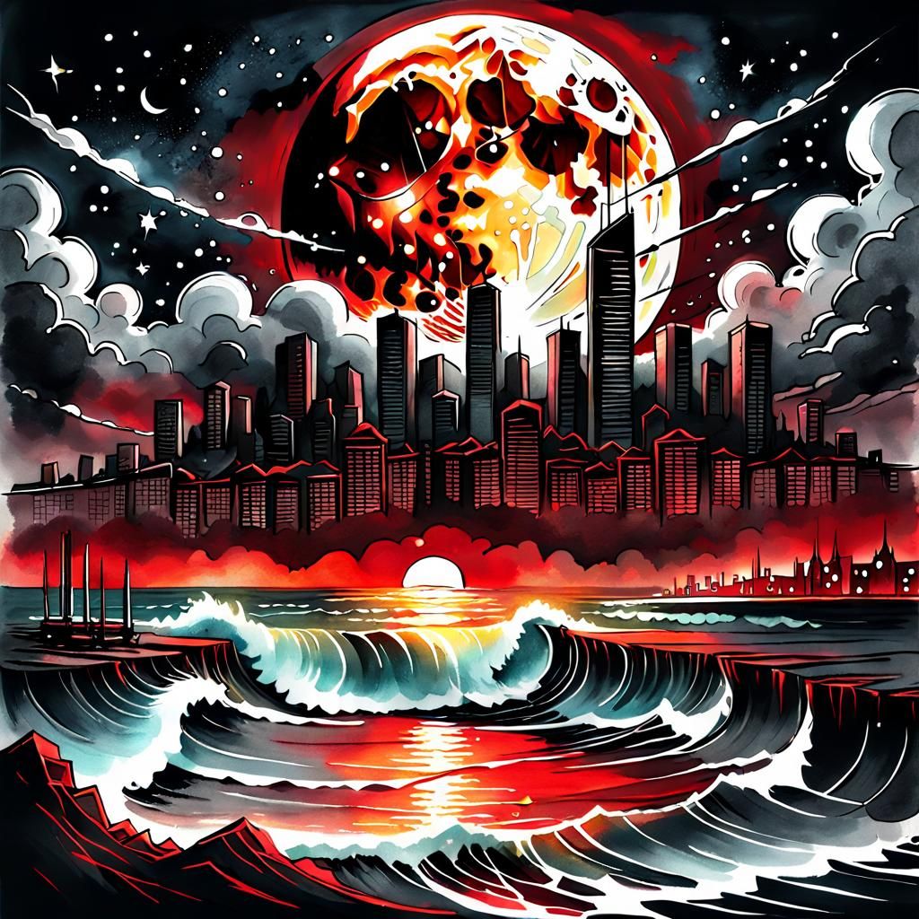 Crumbling City Under Blood Moon: Chiaroscuro Ink Painting