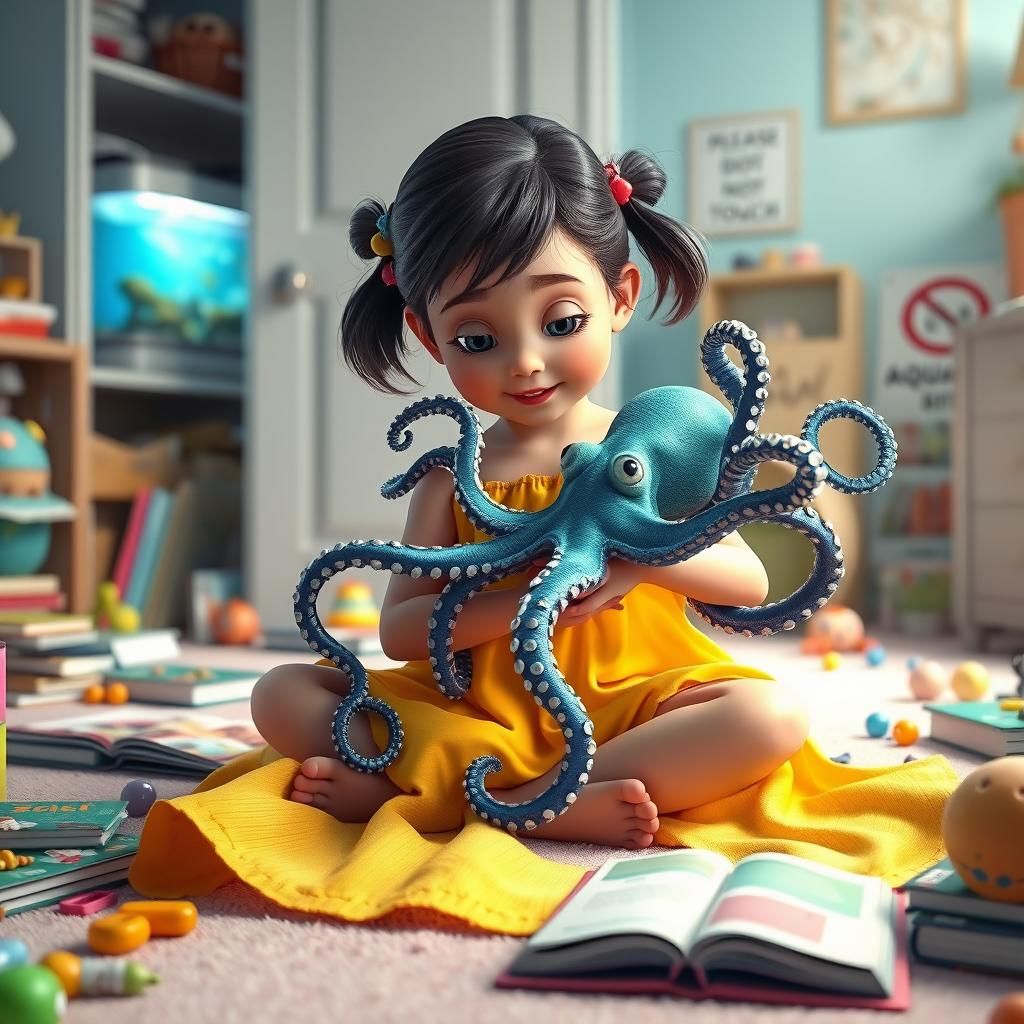 Girl Plays with Octopus in Cluttered Bedroom, Pixar Style