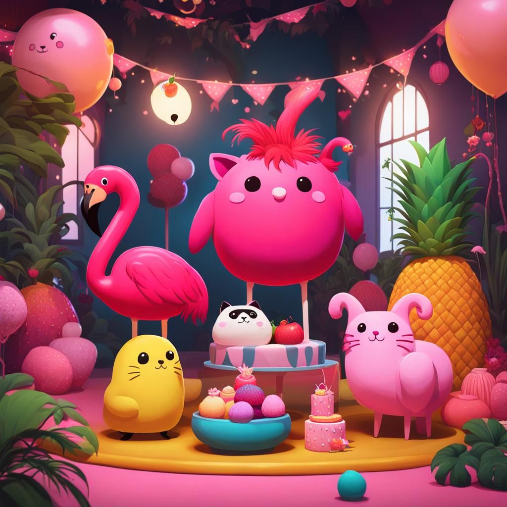 Squishmallow Party: Pink Cat, Flamingo, Pineapple, Skunk