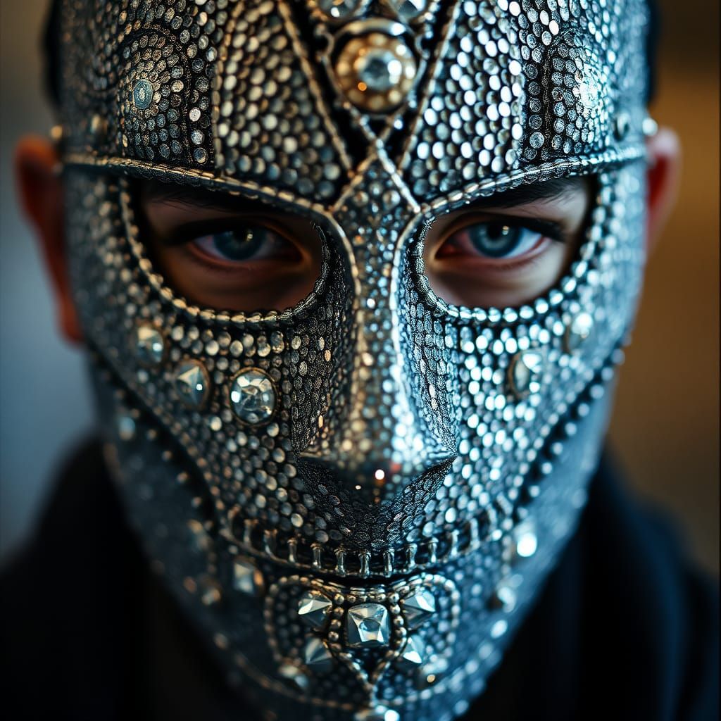 Man in Silver Sequin Mask, Oil Painting