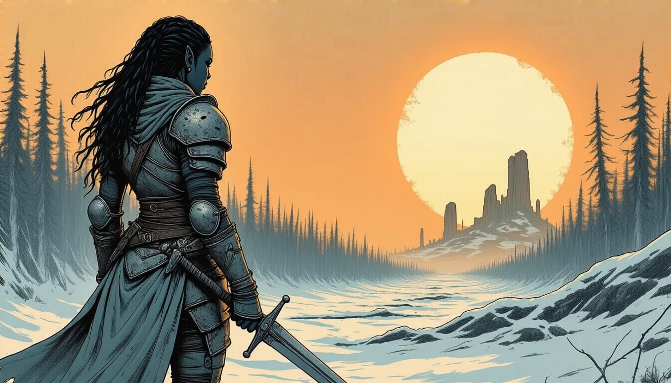 Dark Elf Warrior Surveys Arctic Ruins Under Binary Sunset