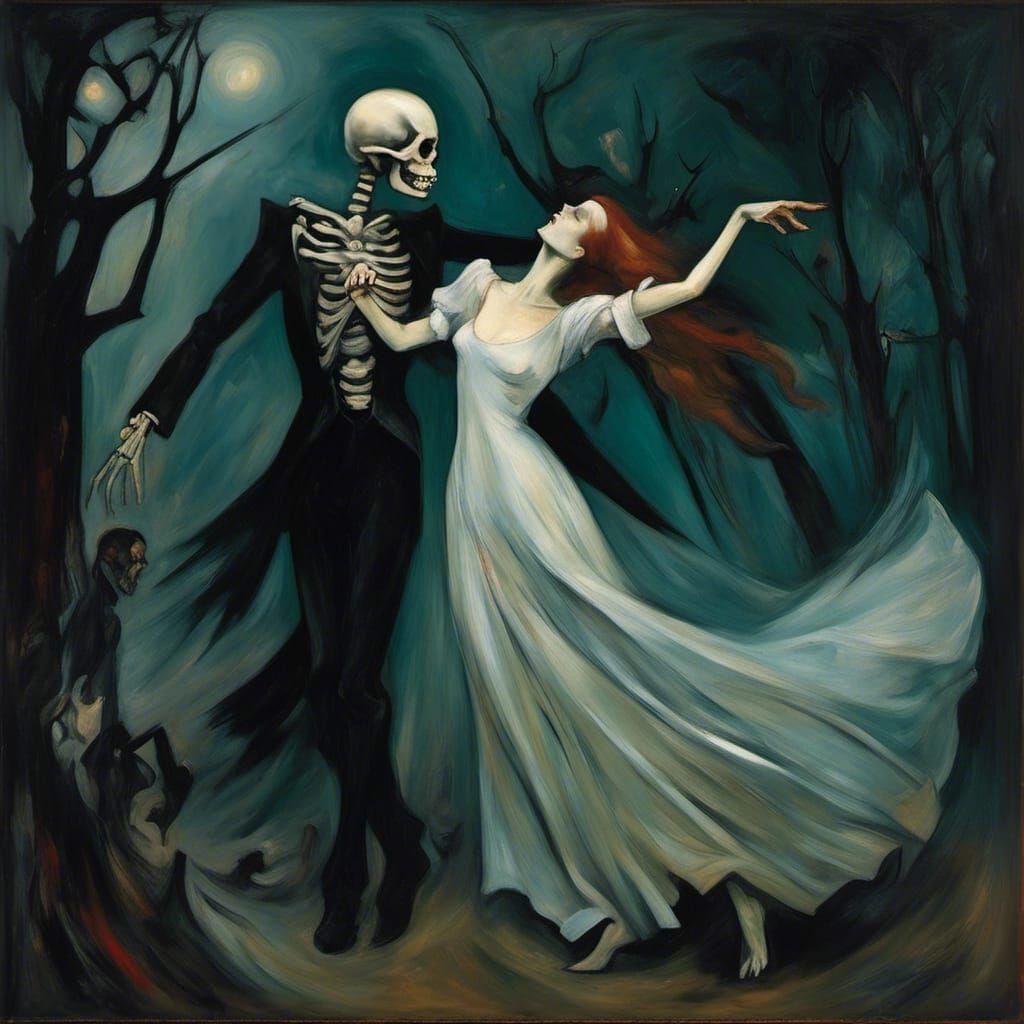Woman Dancing with Skeleton in Dark Fantasy Oil Painting