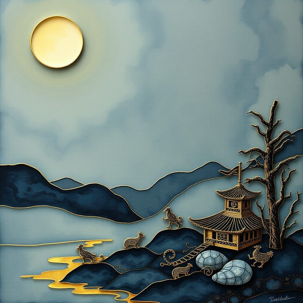 Golden Calligraphy New Moon, Organized with Impressionist El...