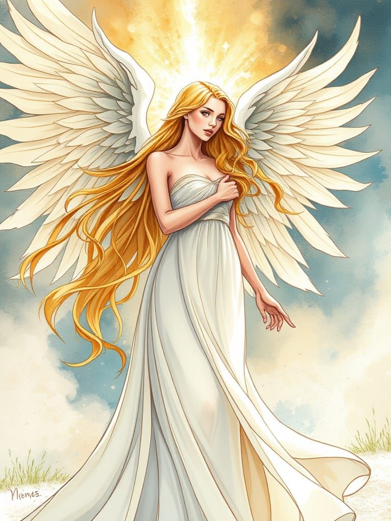 Angelic Figure in Flowing Gown, Mixed Media Illustration