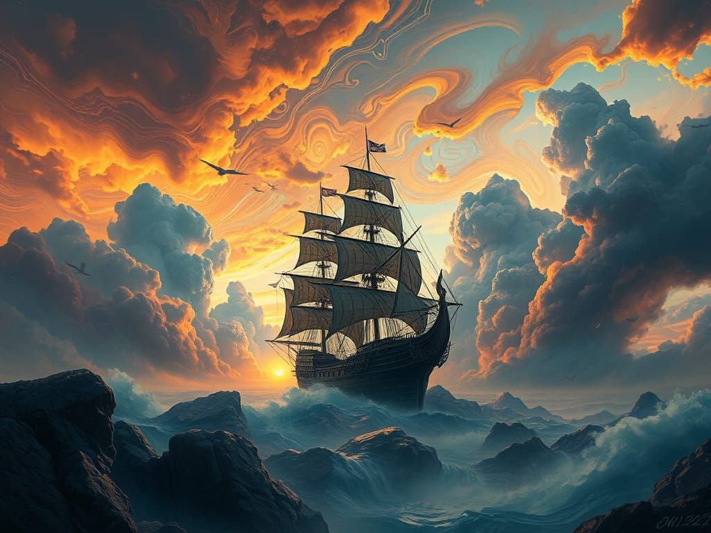 Ancient Galleon Sails Under Abstract Sky