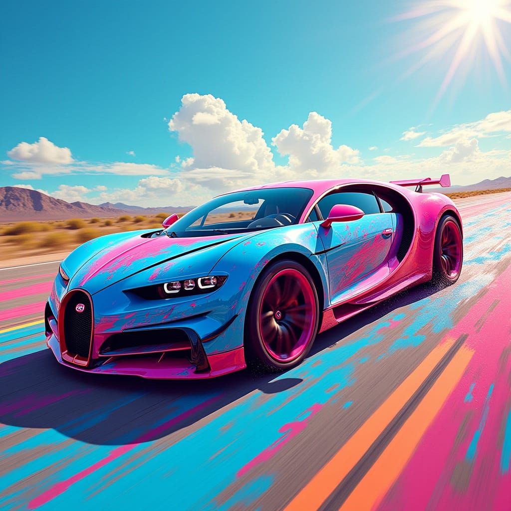 Neon Dream Bugatti Speeds Down Highway in Vibrant Graffiti S...