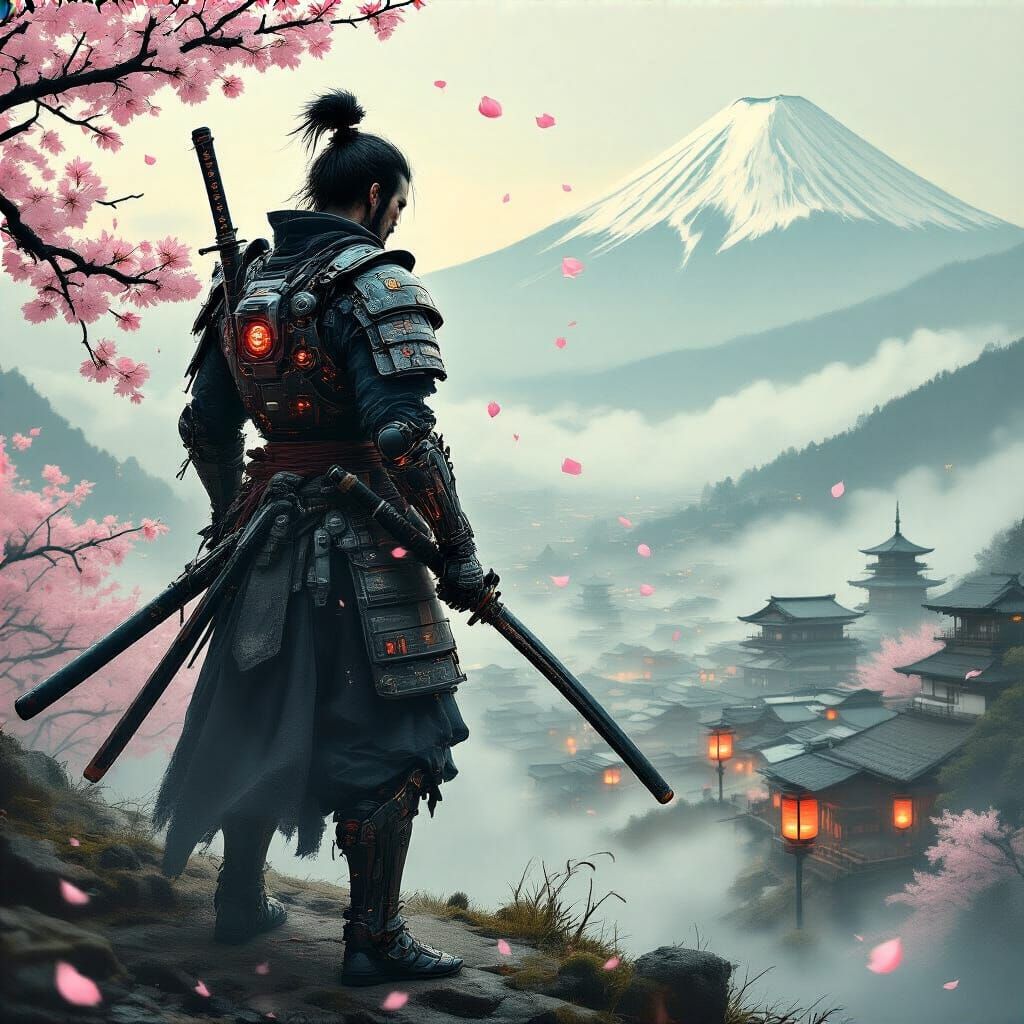 Cybernetic Samurai Overlooking Village in 70s Poster Style