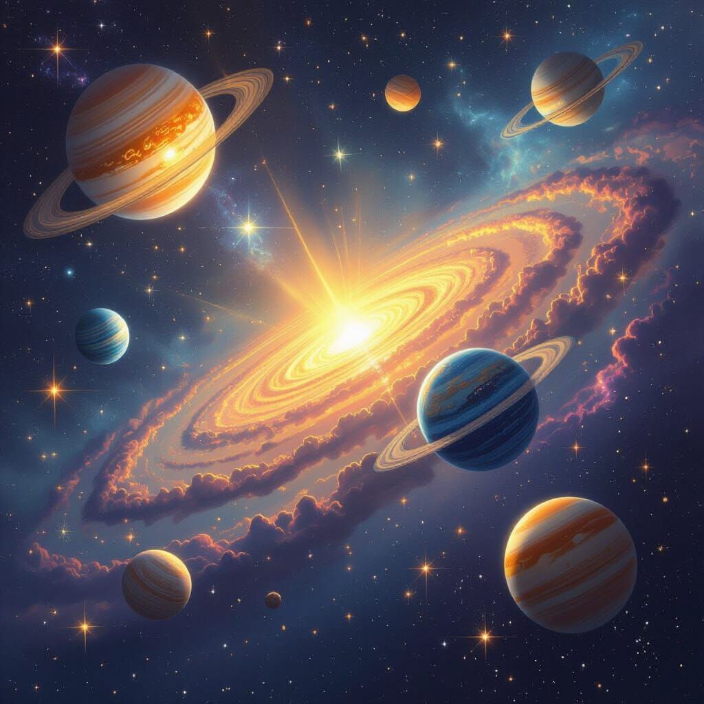 Vibrant Solar System Fantasy Art with Twinkling Stars