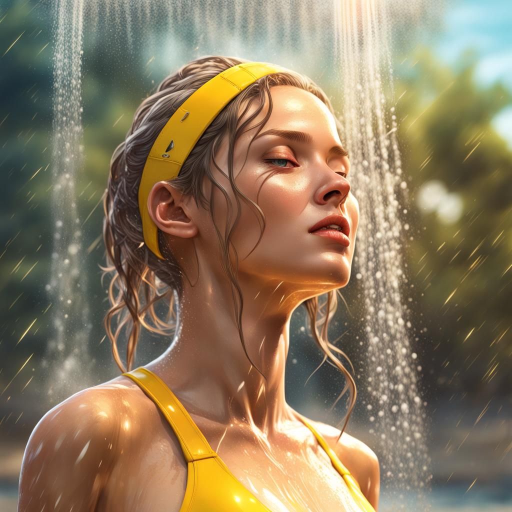 Woman Showering on Beach: Hyperdetailed Portrait