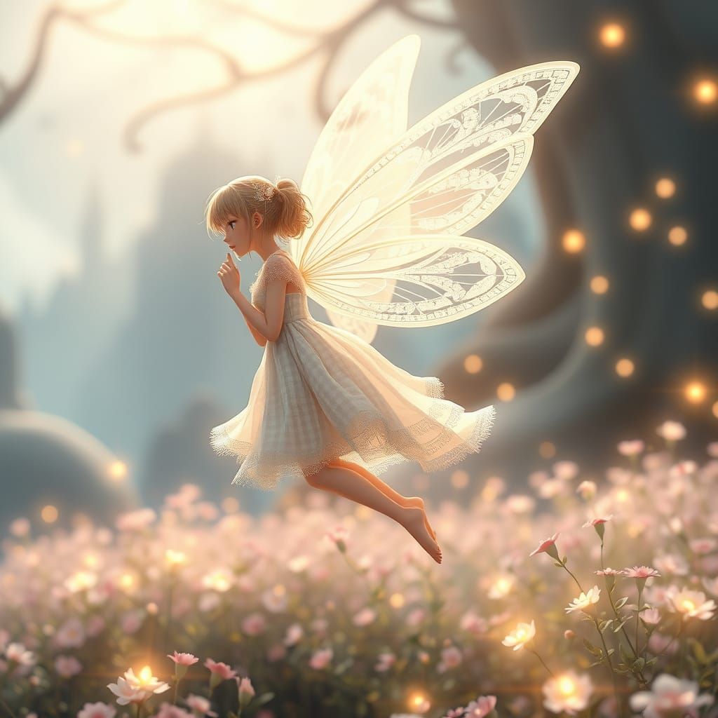 Crystalline Fairy with Lace Wings in Dreamlike Manga Glow