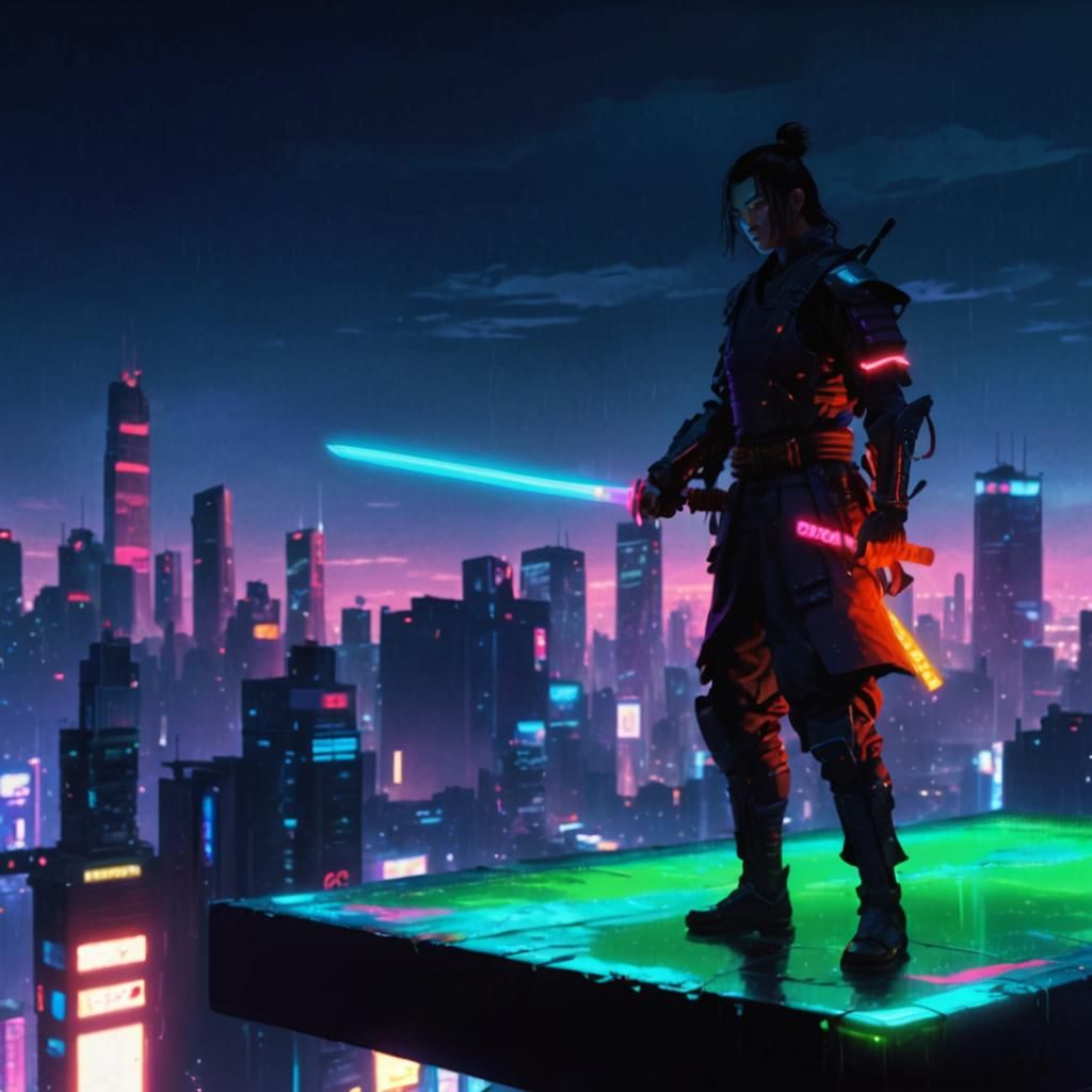 Cyberpunk Samurai with Glowing Katana on Neon Rooftop