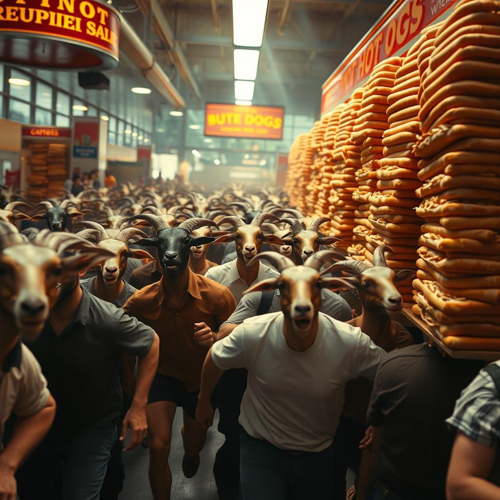 Chaotic Restaurant Scene with Goat-Headed Individuals and Ho...