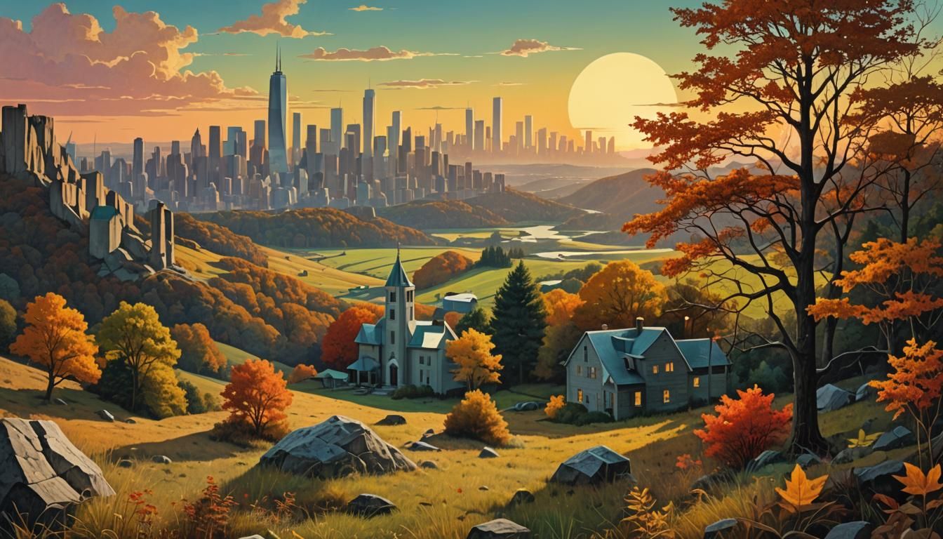 Autumn New York Meadow in Cubist Collage Style