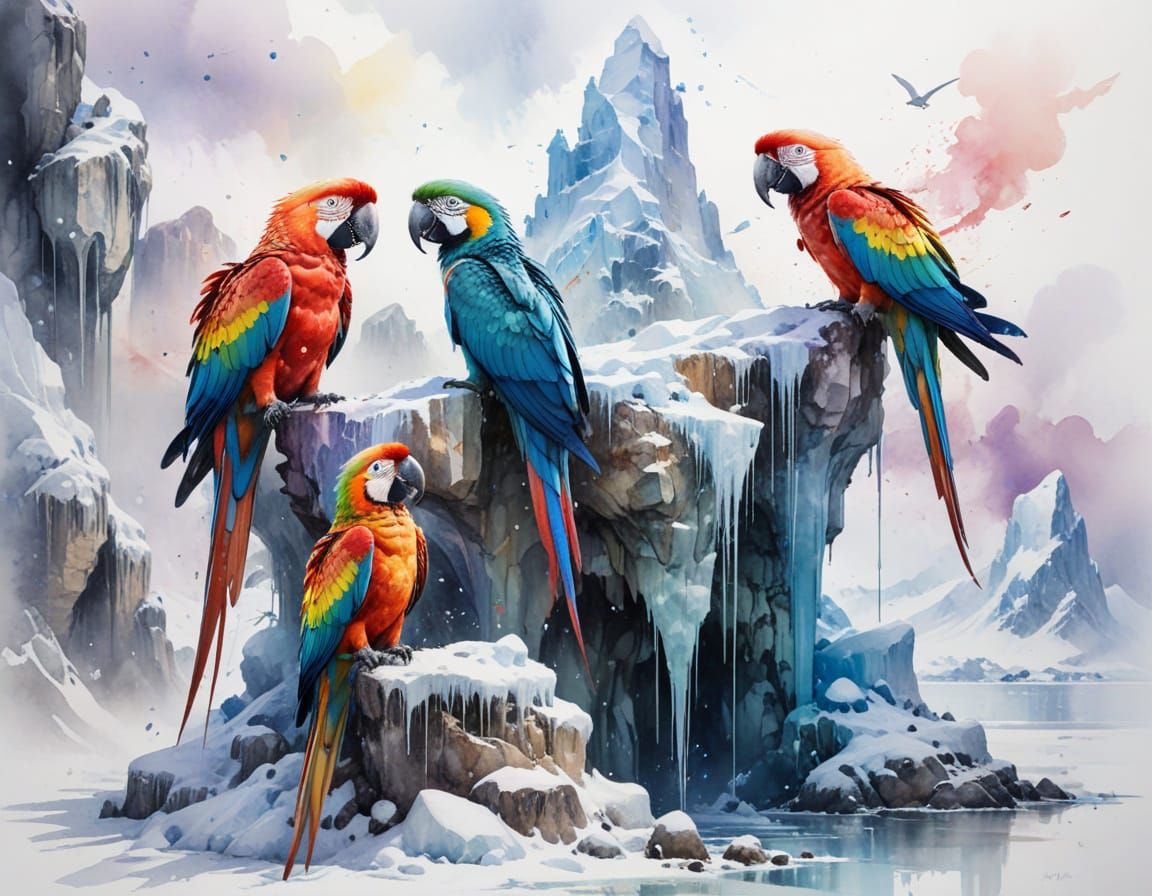 Vibrant Macaw in Arctic Village: Watercolour Art