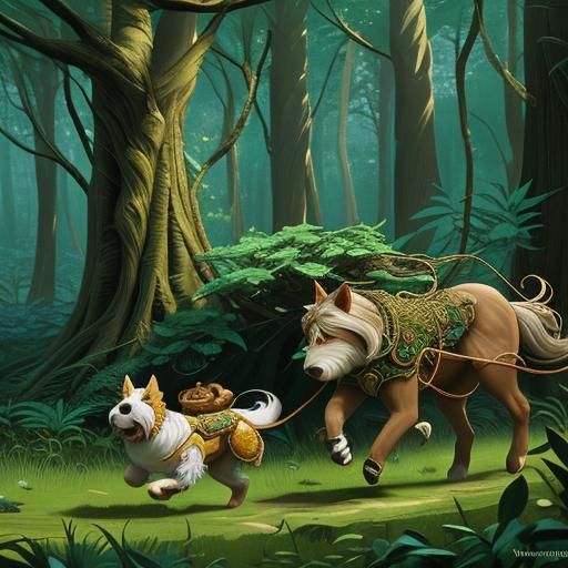 Havanese Dogs Running in Whimsical Forest