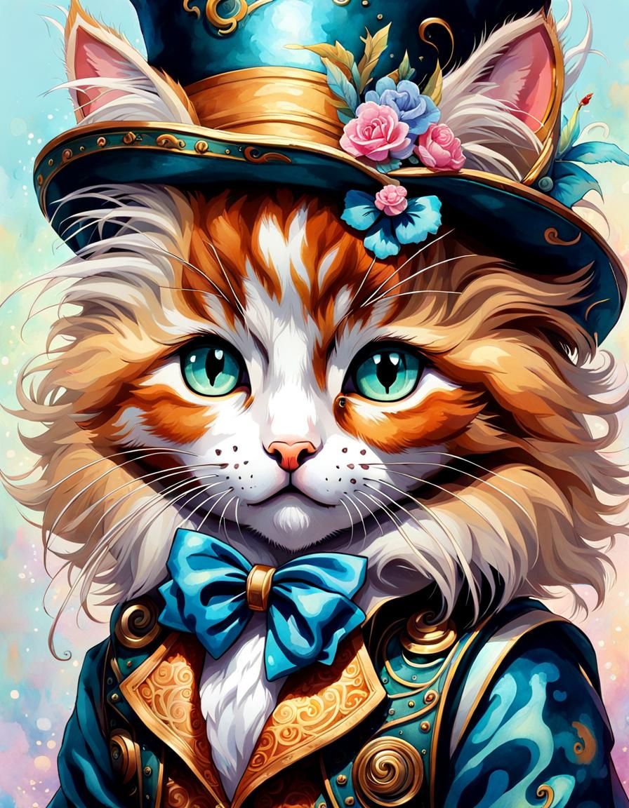 Calico Kitten as Mad Hatter, Watercolor Style