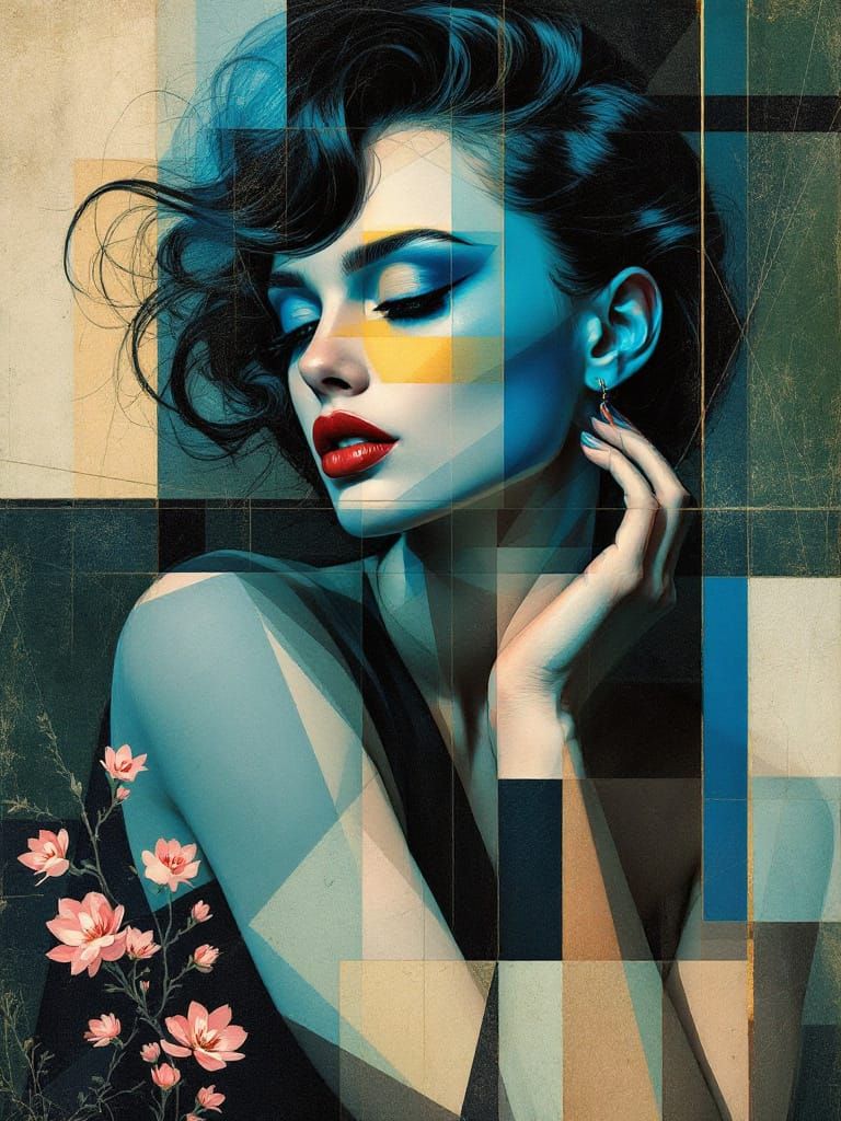 Geometric Pin-Up Girl Amidst Blossoms in Lempicka & Schiele ...