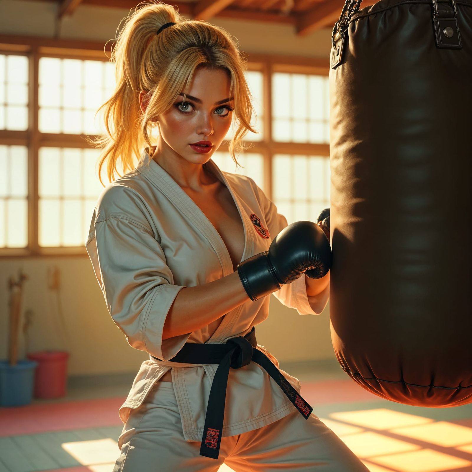 Hyperrealistic Karate Woman Kicking Punching Bag