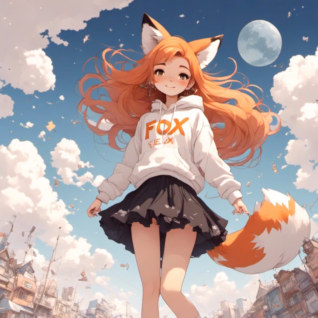Fox-girl VIXEN wearing a hoodie with the word FOX printed on the front of it, a cute tulle skirt, cute sneakers, clouds ...