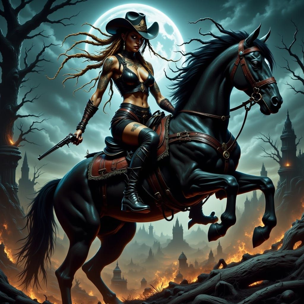Gothic Cowgirl on Rearing Horse in Dark Fantasy Landscape