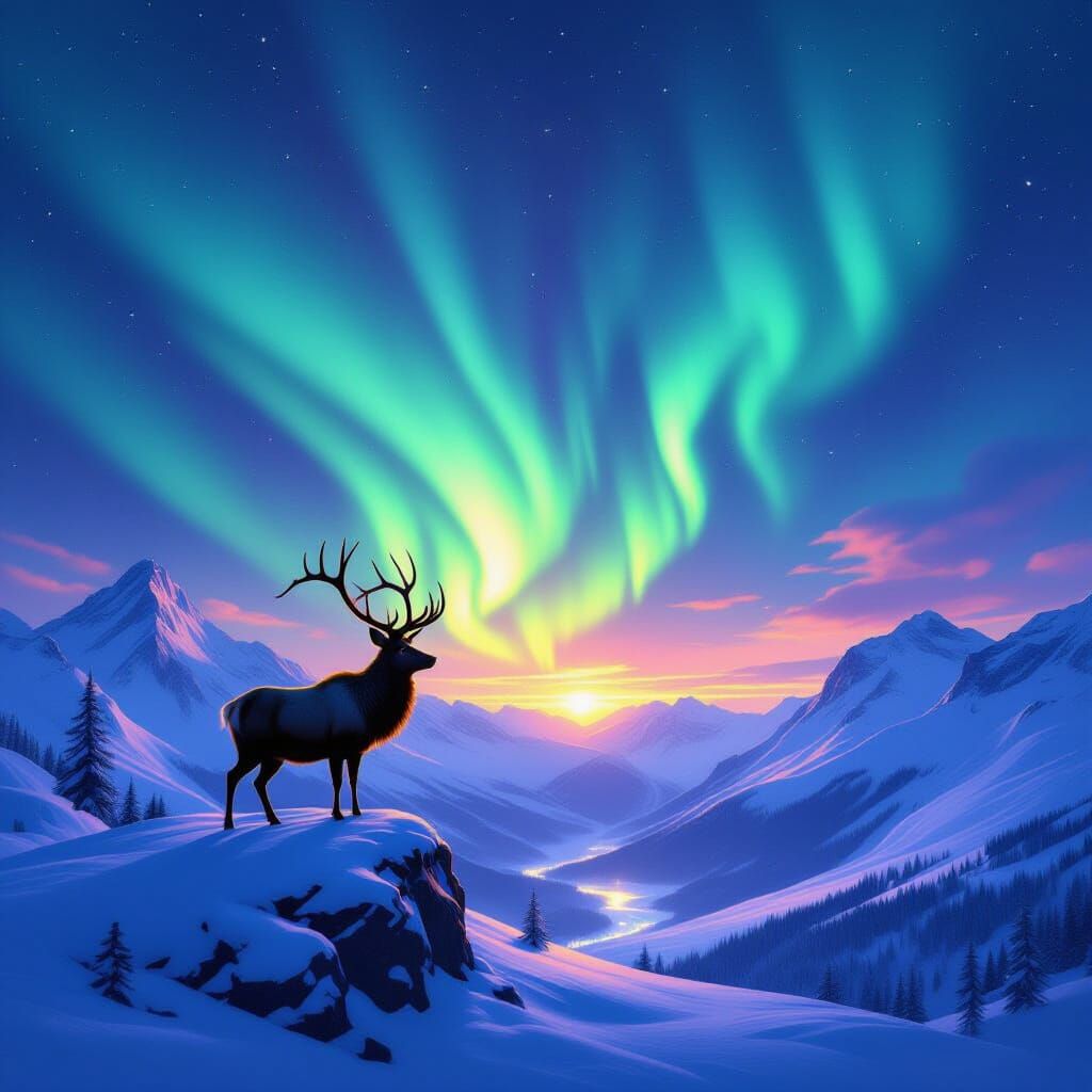 Majestic Stag Under Aurora on Snowy Mountain Peak