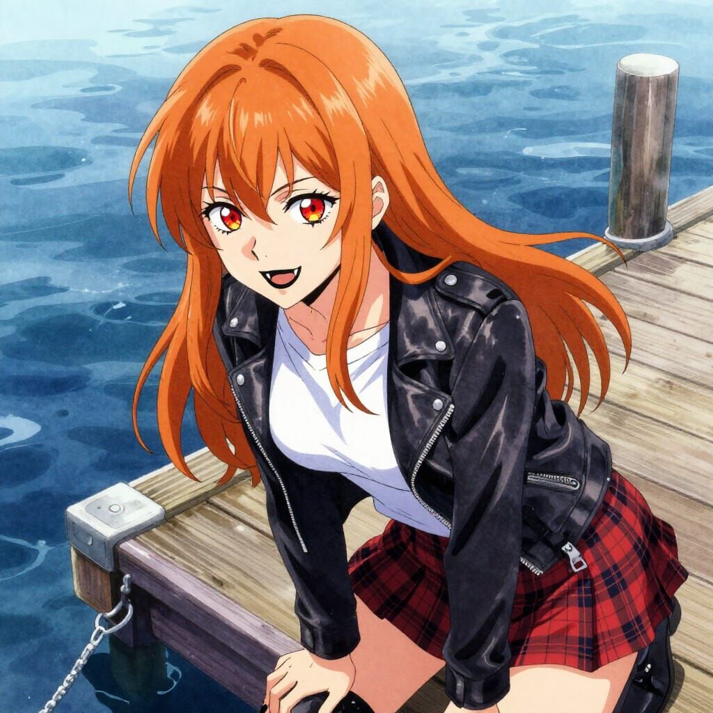 Orange Haired Demon Girl Smiling on Dock in Watercolor Style