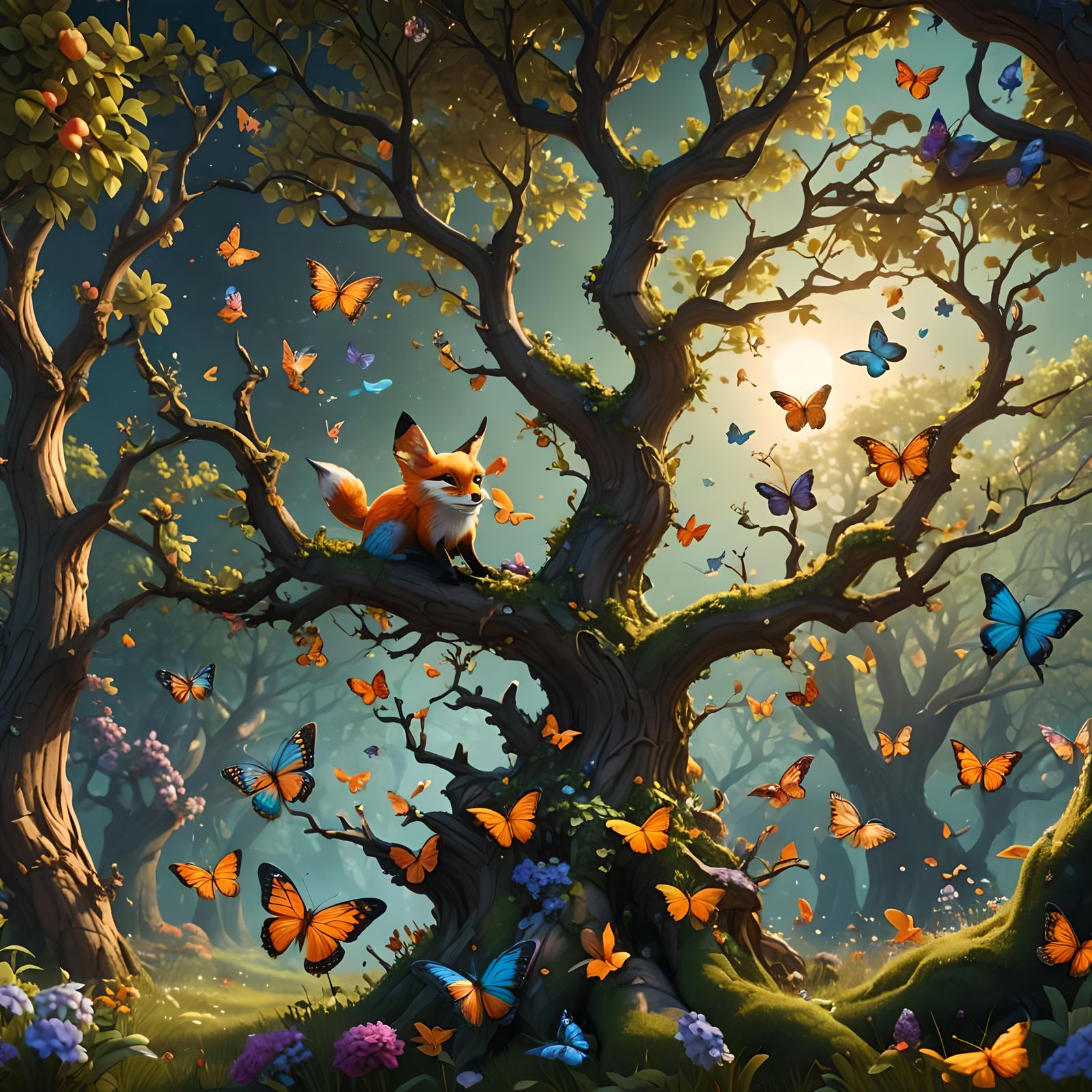 Orchard Scene with Fox and Butterflies